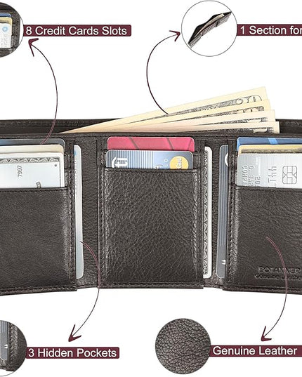 BOTANNER Genuine Leather Mens Trifold Wallet RFID Blocking 8 Credit Card Slots Section for Bills 3 Hidden Pockets | Black