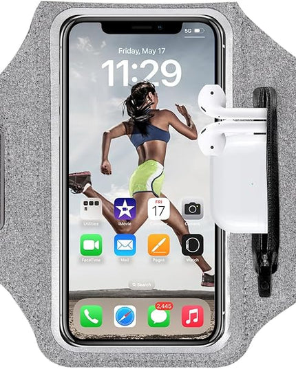 Cell Phone Running Armband with Earbuds Zipper Pocket Armband Case Running Holder for iPhone 16 Pro Max/15/14 Pro Max/13/12 /11 Pro Max/XS/XR,Galaxy S20 S10,Sweatproof Arm Band with Card/Key Bag