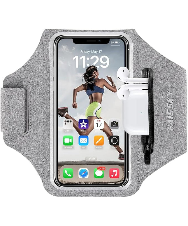 Cell Phone Running Armband with Earbuds Zipper Pocket Armband Case Running Holder for iPhone 16 Pro Max/15/14 Pro Max/13/12 /11 Pro Max/XS/XR,Galaxy S20 S10,Sweatproof Arm Band with Card/Key Bag