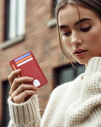 Buffway Slim Minimalist Front Pocket RFID Blocking Leather Wallets for Men and Women - Cross Red