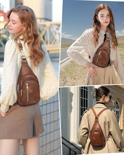 Sling Bag Crossbody Backpack - 2 in 1 Leather Cross Body Bag Fanny Pack with 2 Removable Straps
