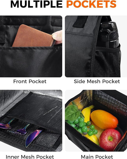 Fmeida 6.75L Small Insulated Lunch Bag Women Men, Lunch Bags with Multiple Pockets, Reusable Thermal Cooler Tote for Work, Office, Picnic, Travel | Hook and Loop Closure, Black