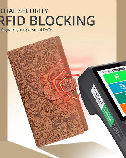 Real Leather Women Wallet Leather with RFID Blocking -Trifold Card Holder Designer Ladies Clutch with ID Window Wallets