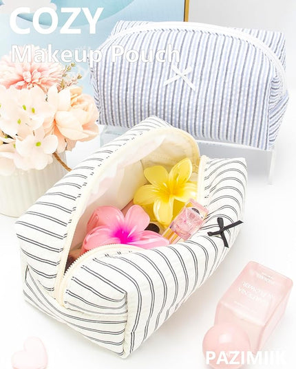PAZIMIIK 2PCS Cozy Makeup Bag Small Aesthetic Travel Zipper Cosmetic Pouch for Women Make Up Beauty Accessories Brushes, Stripe Black