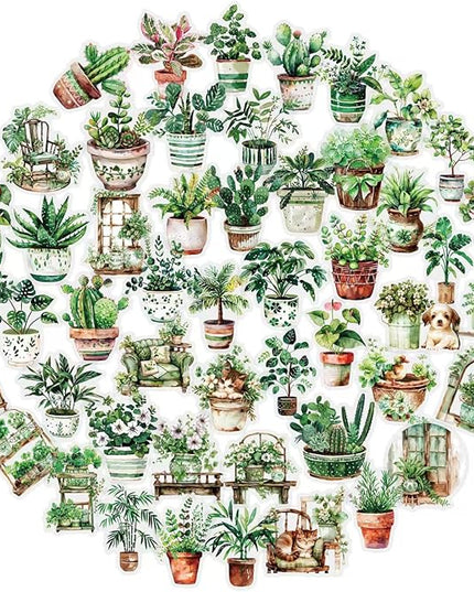 100PCS Green Plant Transparent Stickers,Potted Plant Floral Decals Stickers for Scrapbook Laptop Water Bottles Phone Guitar Decals for Adults (Green Plants)