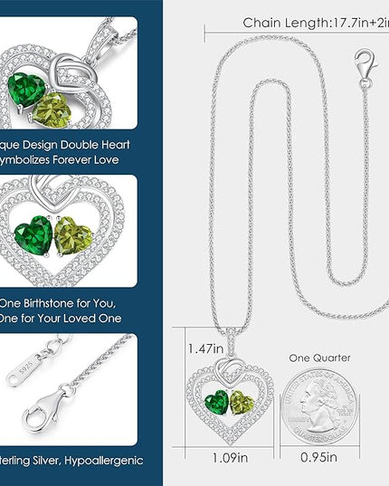 LOUISA SECRET Sparkling Double Heart Birthstone Necklaces for Women, 925 Sterling Silver Fine Jewelry, Pendant Heart Necklaces Birthday Anniversary Christmas Gift for Women Wife Mom Girlfriend Lady