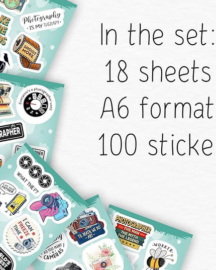100Pcs Photography Stickers for Water Bottle and Laptop - Photography Party Supplies - Gifts for Photographer - Photo and Camera Stickers - Gift for Women & Men
