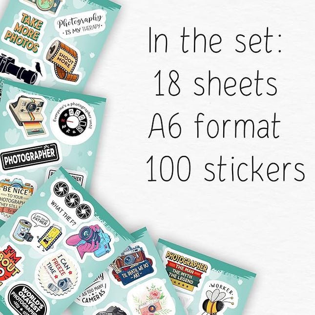 100Pcs Photography Stickers for Water Bottle and Laptop - Photography Party Supplies - Gifts for Photographer - Photo and Camera Stickers - Gift for Women & Men