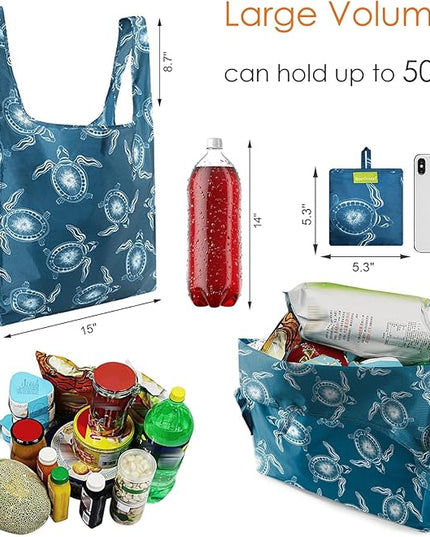 BeeGreen Animals Reusable Grocery Bags Turtle Peguins Flamingo Octopus Reusable Kitchen Bags Bulk Foldable-Machine Washable with Zipper Storage Pouch 6 Packs