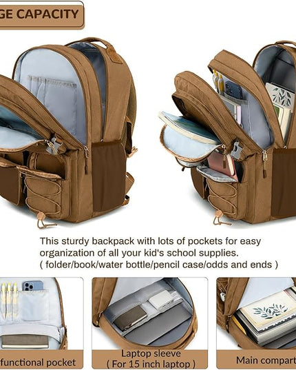 Lohol Water Resistant Daypack with Mulitiple Pockets for Travel Outdoor College, 15.6 inch Laptop Backpack for Men and Women (Brown)