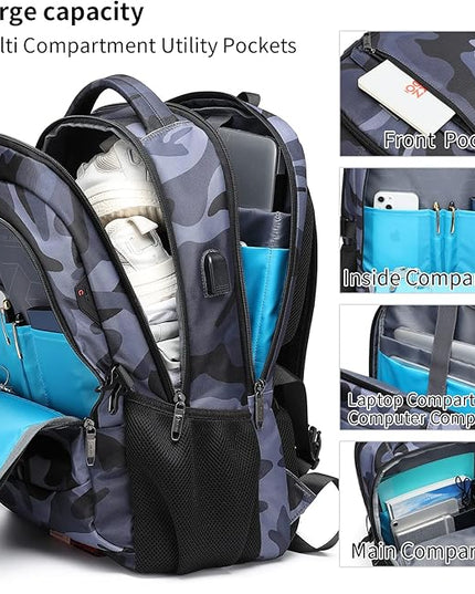 DUSLANG 17 Inch Travel Laptop Backpack Water Resistant Hiking Backpack for Men Laptop Bag with USB Charging Port,Camouflage green
