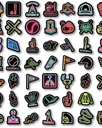 50 PCS Neon Theme Baseball Stickers for Water Bottles, Waterproof Vinyl Sticker for Skateboard Luggage, Sport Baseball Decal for Party Decor Boys Kids Gifts-A08