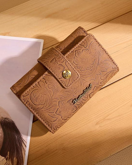 Montana West Brown Wallets for Women Embossed Floral Wallet Womens Trifold Small Wallets Woman Card Cash Wallet Ladies Female RFID Wallets with ID Window