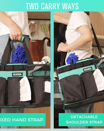 Wearable Cleaning Caddy Bag, Cleaning Caddy Supplies Organizer with Handle & Shoulder Straps for Housekeepers, Under Sink & Car Cleaning Tool Organizers with 4 Foldable Divider (Lake Blue)