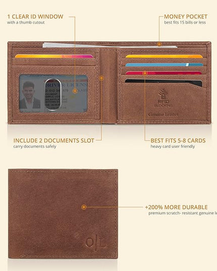 Oak Leathers Slim Leather Wallet for Men - RFID Wallets Credit Card Holder Ultra Thin Gift for Mens, Front Pocket Minimalist Design