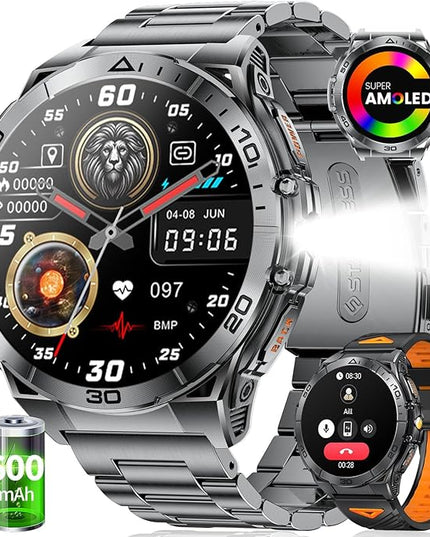 Military Smart Watch for Men,1.6" AMOLED Screen /600mAh Battery/5ATM Waterproof Smartwatches (Answer/Dial Calls) Fitness Tracker with Heart Rate/Sleep Tracking/Blood Oxygen for Android/iOS Black