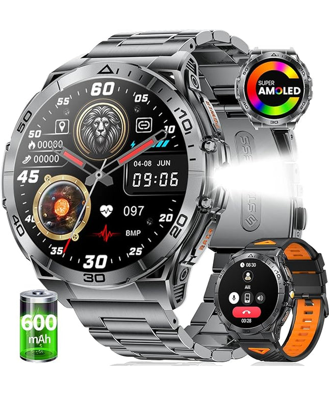 Military Smart Watch for Men,1.6" AMOLED Screen /600mAh Battery/5ATM Waterproof Smartwatches (Answer/Dial Calls) Fitness Tracker with Heart Rate/Sleep Tracking/Blood Oxygen for Android/iOS Black