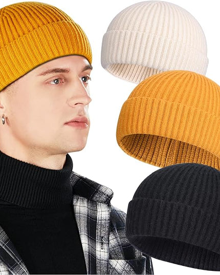 3 Pack Wool Fisherman Beanies for Men, Short Knit Watch Cap Cuffed Trawler Hats