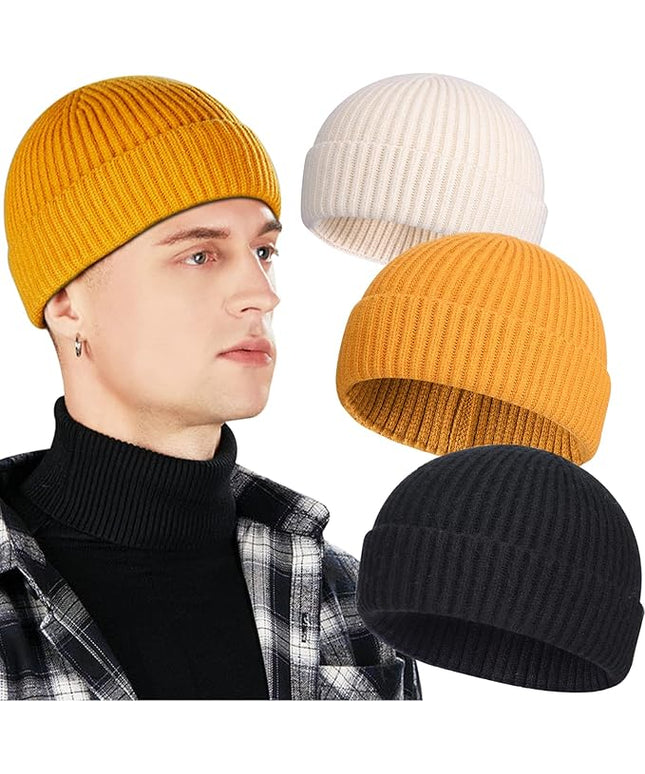 3 Pack Wool Fisherman Beanies for Men, Short Knit Watch Cap Cuffed Trawler Hats