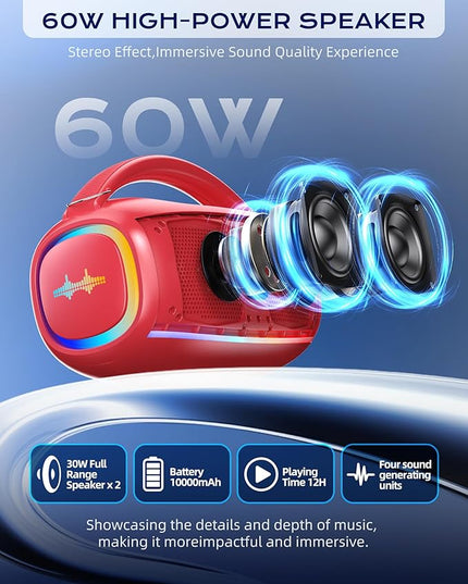 Portable Bluetooth Wireless,60W Loud Speaker with Bass,12H Playtime,IPX5 Waterproof,Stereo Loud Sound,Deep Bass,for Pool,Work,Beach,Outdoor,Workshop,Gift Portable Speaker with TWS (Red)