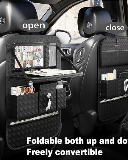 GMQ Back Seat Car Organizer 1 Pack,Backseat Organizer with Tray,Multifunctional Car Seat Back Storage Box with Foldable Tablet Holder (Black, Weave)