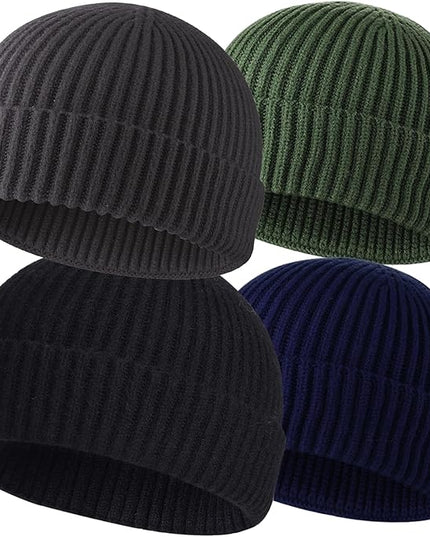 ROYBENS 4 Pack Wool Fisherman Beanies for Men, Knit Short Watch Cap Winter Warm Hats