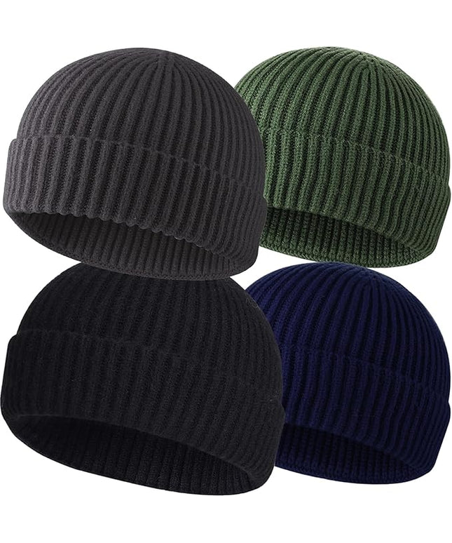 ROYBENS 4 Pack Wool Fisherman Beanies for Men, Knit Short Watch Cap Winter Warm Hats