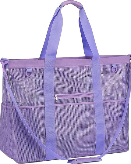 Mesh Beach Bag, Large Beach Tote with Zipper Pocket, Toys Pool Bag for Family Travel Vacation Cruise Essentials