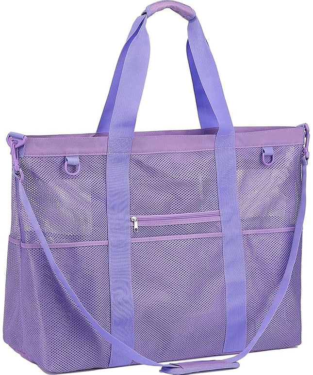 Mesh Beach Bag, Large Beach Tote with Zipper Pocket, Toys Pool Bag for Family Travel Vacation Cruise Essentials