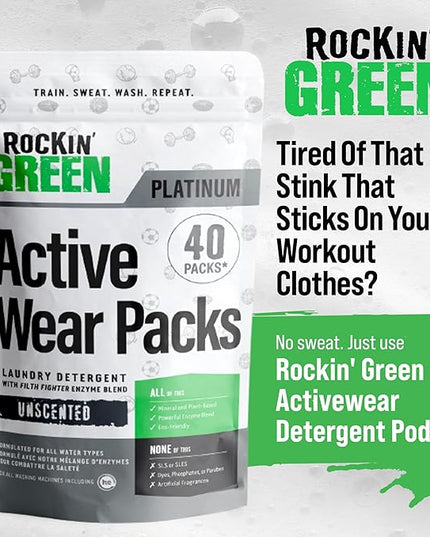 Rockin' Green Laundry Detergent Pods, Plant-based, All Natural, Vegan & Biodegradable Odor Fighter, Safe for Sensitive Skin (Unscented, Active Wear 40 Pods)