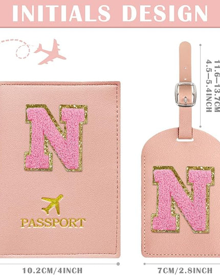 COSHAYSOO Initial Passport Cover Luggage Tag Set Letter Passport Holder Airplane Cruise Travel Essentials Vacation Traveling Accessories Personalized Gifts for Women Teen College Girls Pink N