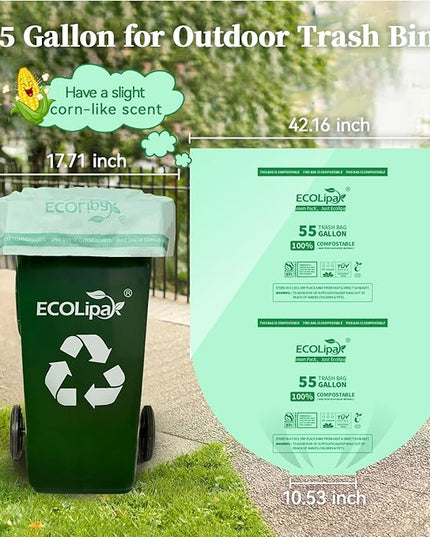 ECOLipak 55 Gallon Compostable Trash Bags, 12 Count Heavy Duty Extra Thick 1.57 Mil, 208.2 Liter Large Garbage Bags for Commercial/Lawn/Yard/Restaurant, US BPI ASTM D6400 and OK Compost Home Certified