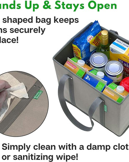 Creative Green Life Reusable Grocery Bags (3 Pack) – Heavy Duty Reusable Shopping Bags with Box Shape to Stand Up, Stay Open, Fold Flat – Large Tote Bags with Long Handles & Reinforced Bottom (Gray)