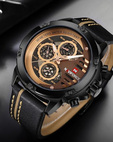 NAVIFORCE Sport Military Watches for Men Waterproof Watch Analog Quartz Leather Band Date Calendar Clock Wristwatch