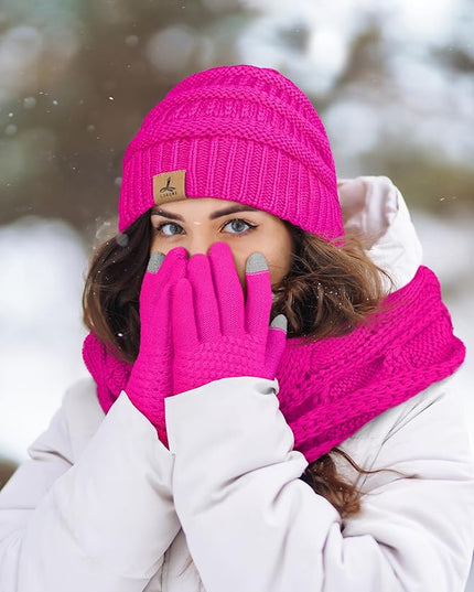 Winter Beanie Hat Scarf Gloves, Warm Fleece Knit Hats Touch Screen Gloves Neck Scarf Set Winter Gifts for Unisex Adult