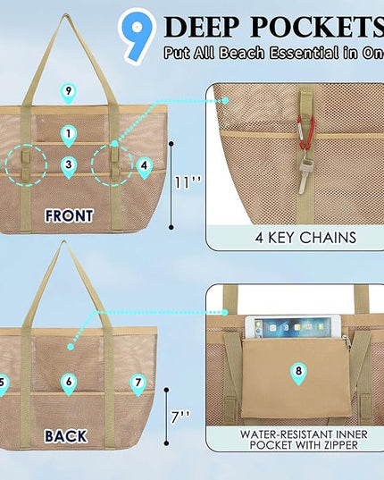 Mesh Beach Bag, Large Beach Tote with Zipper Pocket, Toys Pool Bag for Family Travel Vacation Cruise Essentials