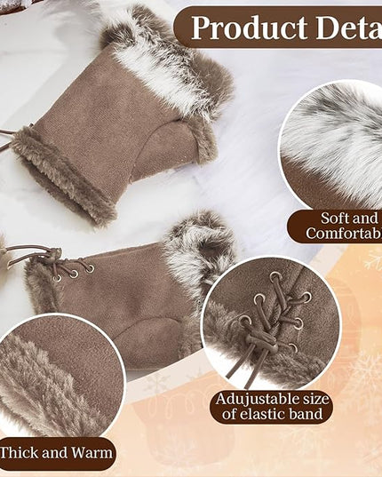SATINIOR Women Fur Fingerless Gloves Winter Rabbit Fur Lined Half Finger Mittens for Women Girls Teen Working Writing