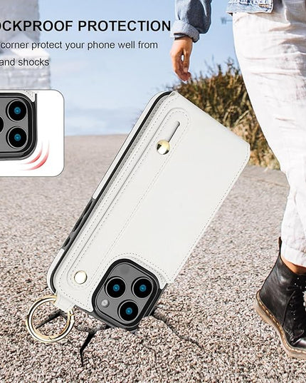 Folosu for iPhone 16 Pro Max Wallet Case with Card Holder, Hand Wrist Strap Loop Holder Kickstand, RFID Blocking Finger Grip Ring PU Leather Double Buttons Shockproof Cover 6.9" White