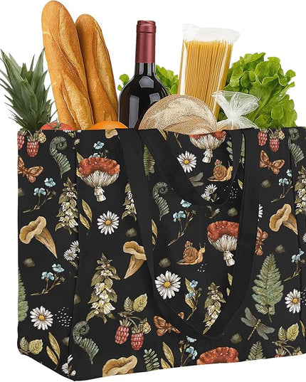 Large Canvas Grocery Tote Bag - Reusable Extra Large Shopping Shoulder Bags with 6 Inner Pockets & 2 Handle Strap