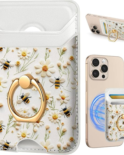 Shorogyt Compatible with Magsafe Wallet Magnetic Card Holder - Phone Wallets with Ring Grip Stand Cute Fashion for iPhone 17/16/15/14/13/12 Series for Women Girls White Bee Design, Fit 3 Cards