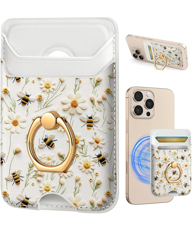 Shorogyt Compatible with Magsafe Wallet Magnetic Card Holder - Phone Wallets with Ring Grip Stand Cute Fashion for iPhone 17/16/15/14/13/12 Series for Women Girls White Bee Design, Fit 3 Cards