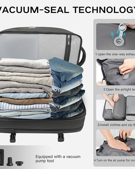 Vacuum Seal Travel Backpack 45L Expandable Air Compression System Water Resistant 17 Inches Laptop Backpack for Women & Men with USB Charging Port- Vacuum Pump Included