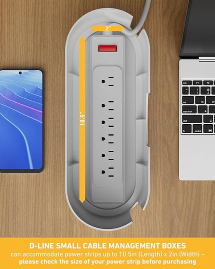 D-Line Cable Management Box, Power Strip Holder, Floor Outlet Hider, Desk Cord Organizer, Cover TV Wires, 12.75" (L) x 5" (W) x 4.5" (H), for use with Power Strips up to 10.5in Length - Small, White