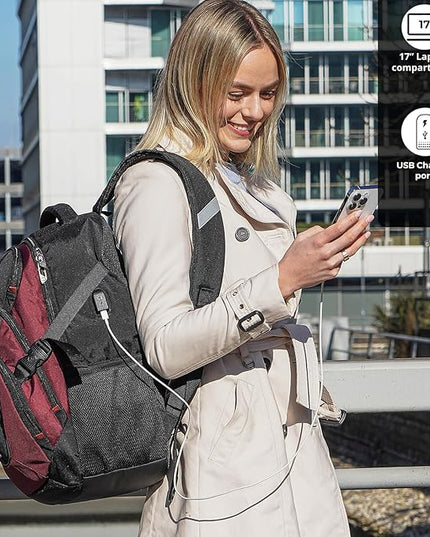 Swissdigital Design Laptop Backpack with USB Charging Port, Travel Backpack Fits 15.6 inches Computer, 31L College School Backpack for Women, Angola red/Black | SD803-44