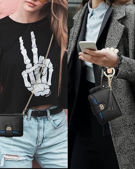 Multi-Purpose Wallet High Capacity Card Holder Zipper Coin Purse with Wristlet Bracelet Keychain Silicone Beaded Bangle Key Ring