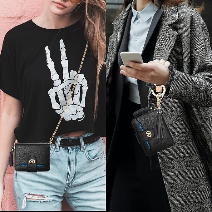 Multi-Purpose Wallet High Capacity Card Holder Zipper Coin Purse with Wristlet Bracelet Keychain Silicone Beaded Bangle Key Ring