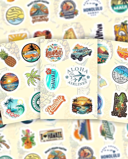 BulbaCraft 100Pcs Hawaii Stickers for Water Bottle and Laptop - Hawaiian Party Supplies & Decorations, Waterproof Vinyl Decals, State Pride and Icon Stickers, Gifts for Women & Men
