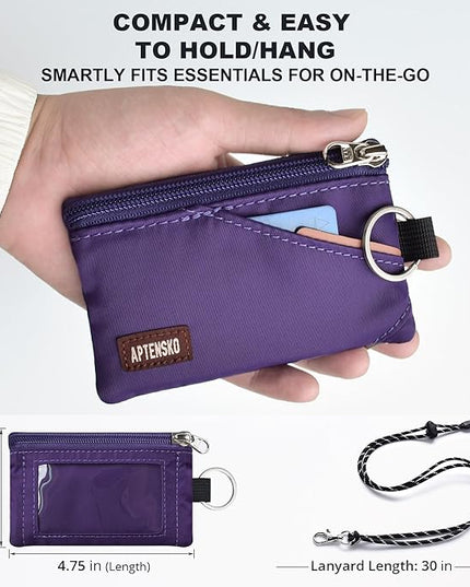 RFID Travel Wallet with Adjustable Lanyard-Zipper Small Wallet with ID Card Holder, Keychain for women&men-Minimalist Slim Waterproof Nylon case for ID, Cash, Key (Deep Purple)