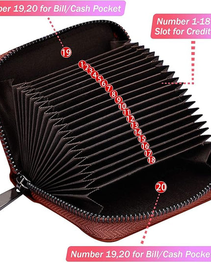 Linno RFID 20 Slots Credit Card Holder Genuine Leather Small Wallet for Women or Men with Zipper