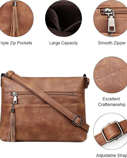MASINTOR Crossbody Bags for Women, Lightweight Medium Crossbody Purse, Soft Leather Women's Shoulder Handbags with Tassel